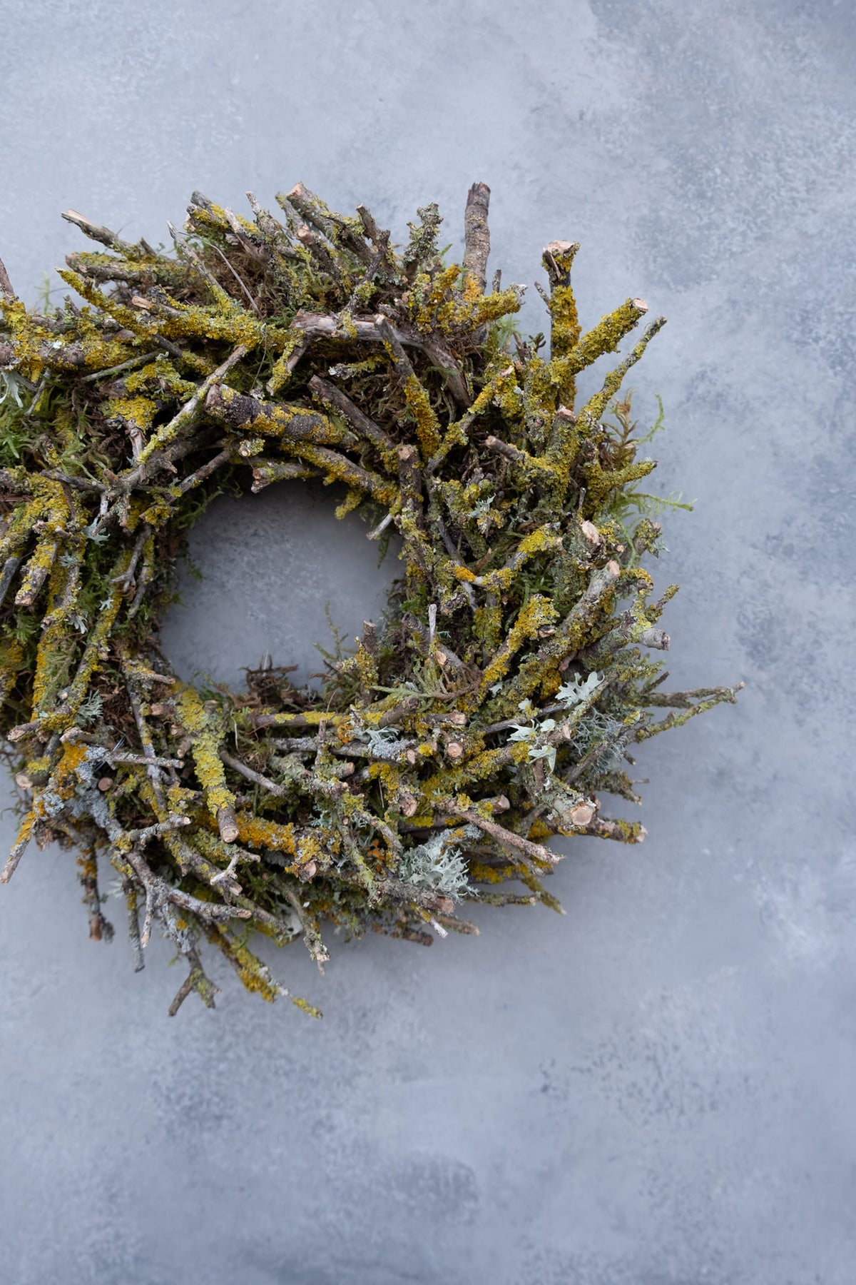 Moss wreath + yellow twigs · Natural